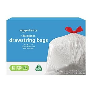 $11.16 S&S PRIME DAY 120CT Amazon Basics 13 Gallon Tall Kitchen Drawstring Trash Bags, Flextra Strength, Clean Fresh Scent, Tear Resistant, 0.9 mil Thickness,