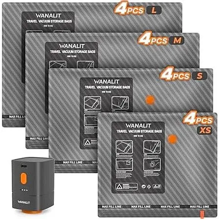 16-Pack Vacuum Bags for Travel with Wireless Pump for Carry on Luggage or Suitcase