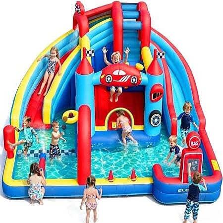 15-in-1 Speed Racer Inflatable Water Slide Bounce House w/ Double Slide, Splash Pool, Climbin…