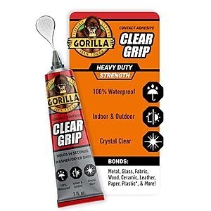 $4.49 | 3-Oz Gorilla Clear Grip Waterproof Contact Adhesive at Amazon