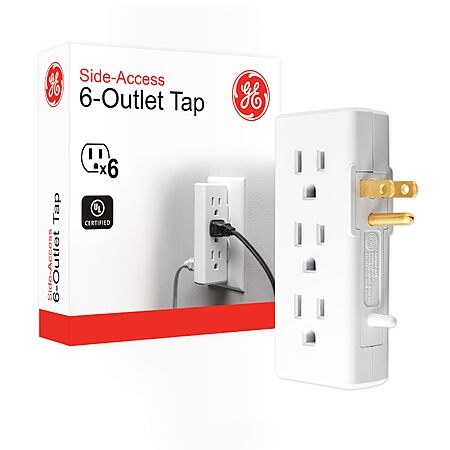 $6.20: GE 6 Outlet Side Entry Power Tap, Side Access Adapter, UL Listed, White, 54543