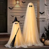 2-Pk Light-Up Spooky Ghost Witch Broom Halloween Decorations