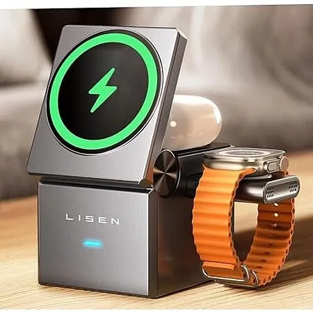 LISEN 3 in 1 Wireless Magsafe Charging Station for Apple iPhone, Watch & Airpods
