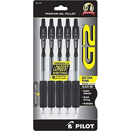PILOT G2 Premium Gel Pens, Extra Fine Point 0.5mm, Black Ink, 5-Pack