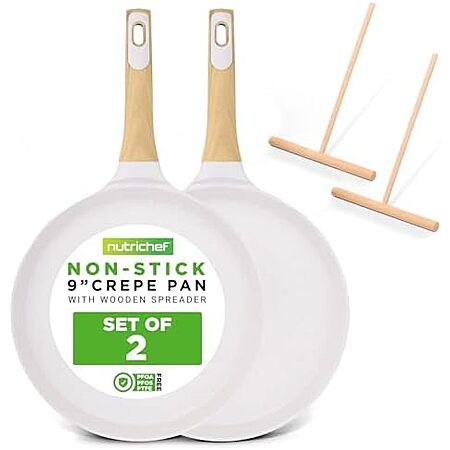 NutriChef 2-Pack Non-Stick Crepe Pan Set, 9.4" Marble Coated Dosa Pans with Wooden…