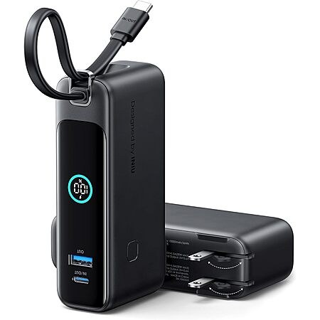 INIU Portable Charger, 10000mAh 30W Fast Charging Power Bank, Built-in USB C Cable and Foldable AC Plug