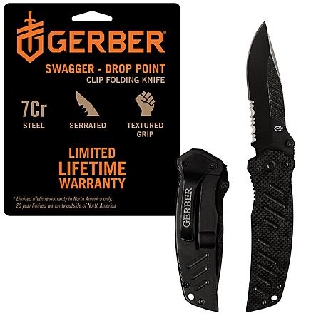 $19.54: Gerber Swagger Drop Point EDC Folding Pocket Knife, Serrated Edge, Black