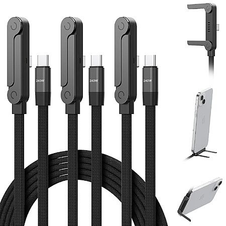 3-Pack 5' Mitesbony 240W USB-C to USB-C Cable w/ Built-in Phone Stand (Black)