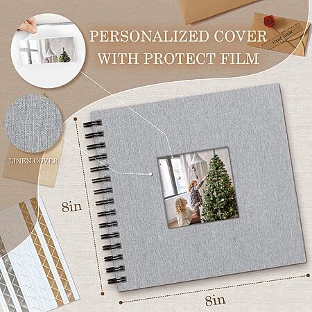 8" x 8" Popotop 60-Page Linen Hardcover DIY Scrapbook Photo Album w/ Display Window (Grey)