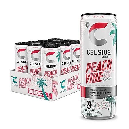 12-Pk 12-Oz Celsius Essential Sparkling Energy Drink (Peach Vibe)