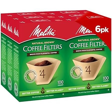 Melitta #4 Unbleached Coffee Filters, Natural Brown Cone Filters, 6-Pack
