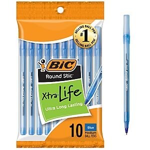 10-Count BIC Round Stic Xtra Life Medium Point Ball Pens (Blue, 1.0mm)