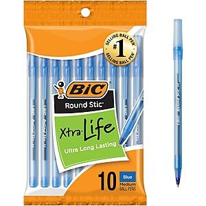 10-Count BIC Round Stic Xtra Life Medium Point Ball Pens (Blue, 1.0mm) $0.94 w/ S&S + Free Shipping w/ Prime or on orders over $35