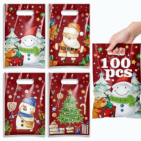 100-Pack TESKEUP Christmas Plastic Goodie Bags w/ Handles