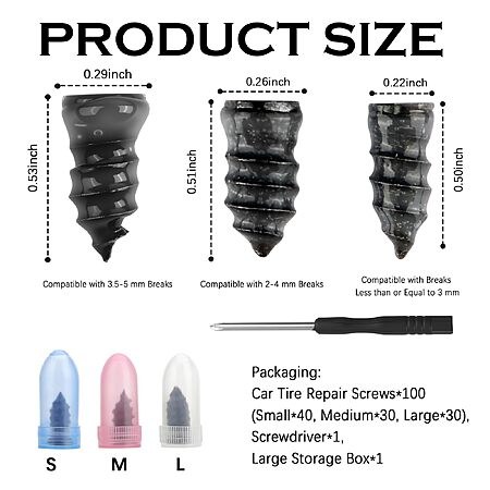 100PCS 3-Size Tire Repair Rubber Nail Kit with Screwdriver