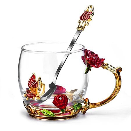 11.3-Oz OEAGO Floral Glass Tea Mug w/ 3D Rose Design, Butterfly & Enamel Spoon