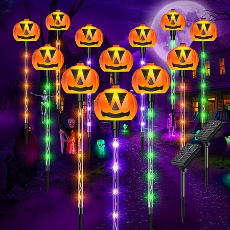 12-Count Ahaorigin Solar Halloween Pumpkin Pathway Lights w/ 8 Lighting Modes (2-Sets 6 Inter…