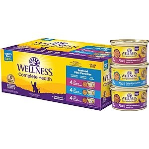 12-Pack 3-Ounce Wellness Complete Health Grain-Free Pate Wet Cat Food (Seafood Variety) $8.35 w/ S&S + Free Shipping w/ Prime or on $35+
