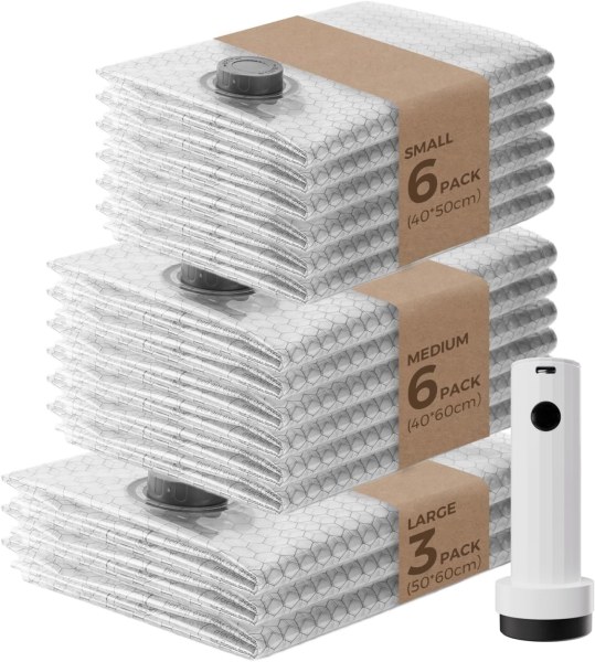 15-Pk VOLLYC Travel Vacuum Bags w/ Rechargeable Air Pump