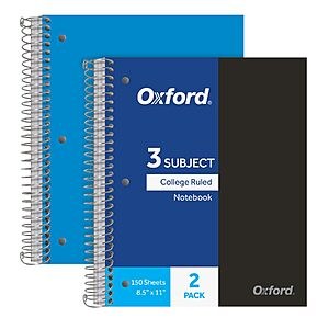 2-Pack 3-Subject Oxford College Ruled Spiral Notebook (Black & Blue) $3.35 + Free Shipping w/ Prime or on $35+