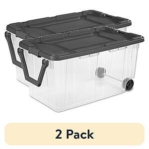 2-Pack Sterilite XL Wheeled Storage Bin, 40 Gallon Plastic Storage Tote Wheeled Stacker with Latch Lid and Pull Handle $35.94