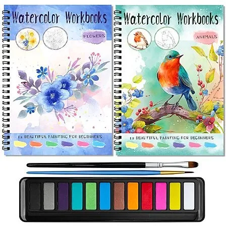 2-Piece 12-Page Elfew Beginners' Watercolor Workbooks + 2 Brushes and 12-Color Watercolor Set (Flowers and Animals)