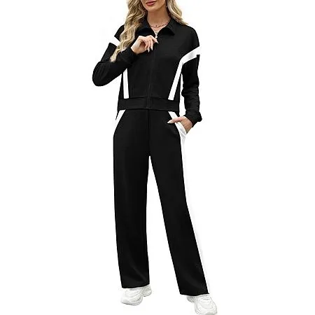 2-Piece XIEERDUO Women's Wide Leg Tracksuit Type Lounge Set  (Black+White) from