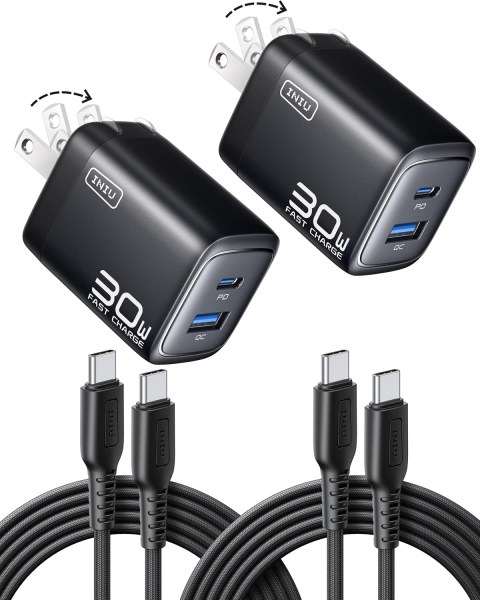 2-Pk INIU 30W GaN Mini USB-C/A Wall Charger w/ 2x 5' USB-C Cable (Black)