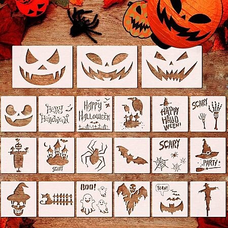 21 Pcs Reusable Plastic Halloween Stencils, Pumpkin Bat Scarecrow Templates for Painting on W…