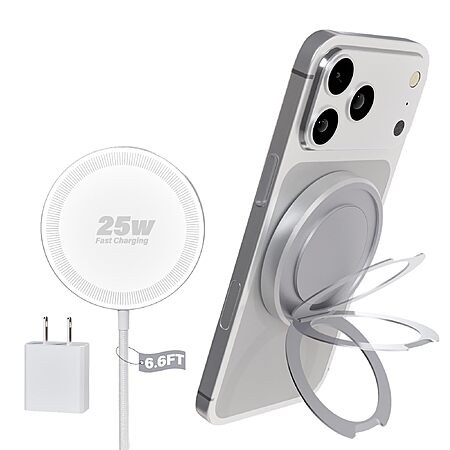 25W WayLite Magnetic Wireless iPhone Charger w/ Kickstand & 6.6' USB-C Cable (White)