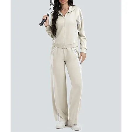 2 Piece Casly Lamiit Women's Double Stripe Full Zip Track Suit Lounge Set (Light Khaki, Sizes X-Small - XX-Large)