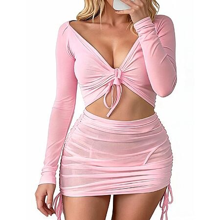 2 Piece Lingerie Mesh Sheer Babydoll Dress Nightgowns Clubwear Pink XL