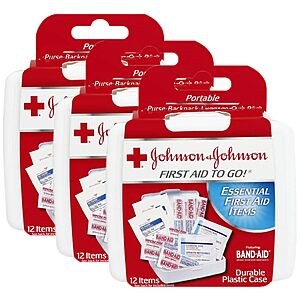 3-Pack 12-Peice Johnson & Johnson: First Aid to Go Portable Mini Travel Kit $5.97 + Free Shipping w/ Prime or on $35+