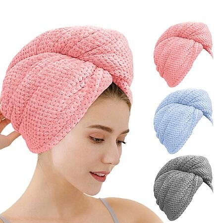 3-Pack Oeago Microfiber Hair Towel Wraps (Blue/Grey/Pink)
