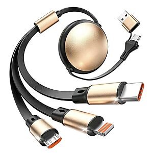 3-in-2 Retractable Multi Charging Cable w/ USB-C, Micro-USB & Lightning Connectors (Black/Gold) $6.98 + Free Shipping w/ Prime or on $35+