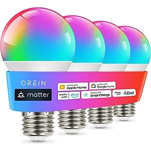 4-Count OREiN Matter A19 E26 Wi-Fi Smart LED Bulbs Compatible w/ Apple Home, Alexa & Google & More (800 Lumens, RGBTW Color Changing) $15.99 + Free Shipping w/ Prime or on $35+