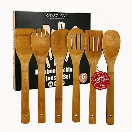 6-Pece Krysclove Natural Carbonized Bamboo Cooking Spoon Set (Carbonized Bamboo 01)