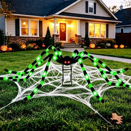 6.6 FT(Wide) Halloween Giant Black&Green Spider with 9'' Metal Stand, 36 Green LED Lights, 8 Modes Light-Up Large Spiders Outdoor Decorations