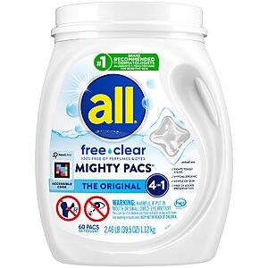 60-Count all Free Clear Laundry Detergent Mighty Pacs $10.48 w/ S&S + Free Shipping w/ Prime or on $35+