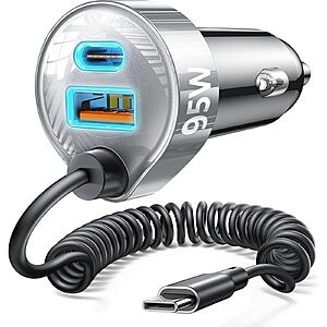65W LISEN PD/QC 3.0 USB-C & USB-A Car Charger w/ 36" Coiled USB-C Cable (Silver) $6.99 & More + Free Shipping w/ Prime or on $35+