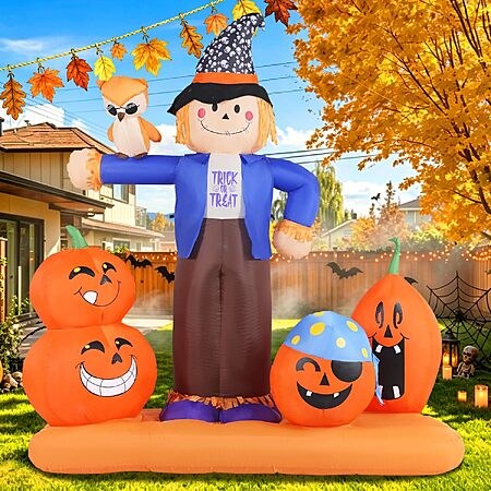 7.22' GIFTFIND Halloween Inflatable Scarecrow w/ Pumpkins & Owl LED Outdoor Decoration