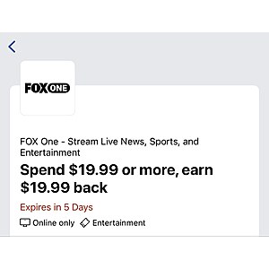 AMEX offer, FOX One, Spend $19.99 or more, earn $19.99 back, YMMV