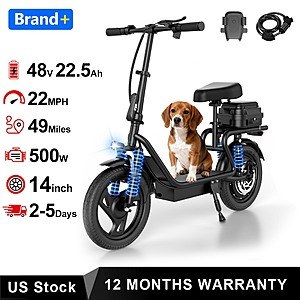 AOVOPRO 500W Folding Electric Scooter 14in Tires 48V 22.5AH 28Mile Range 22mph Max Speed 2-Seats Front & Rear Shocks $156 + Free Shipping