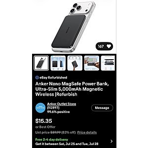Anker Nano MagSafe Power Bank, Ultra-Slim 5,000mAh Magnetic Wireless |Refurbish $15.35