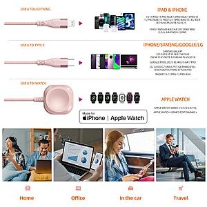 Apple Watch Charger Multi Charging Cable 6FT, Nylon Braided USB AM Port to Lightning Type C USB C Cord iWatch Magnetic Wireless 3 in 1 Charging Wire $4.49