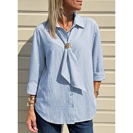 Astylish Women's Viscose/Cotton Blend Long Sleeve Button Up Blouse w/ Removable Bow (5 Colors, Sizes Small - XX-Large)