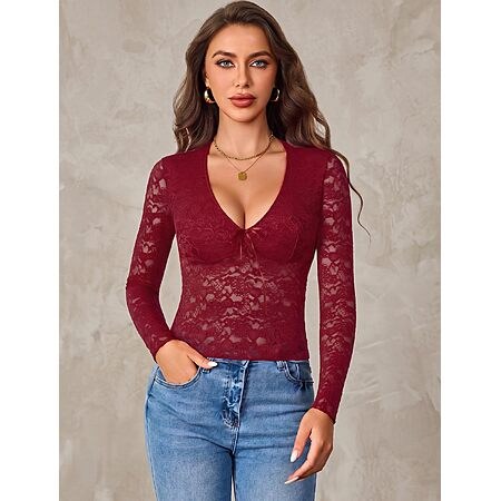 Avidlove Women's V-Neck Long Sleeve Lace Mesh Shirt w/ Lined Front Bra Area (7 Colors, Sizes…