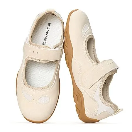 BOSTANTEN Wide Casual Mary Jane Sneakers w/ Hook-and-Loop Strap (Beige, Light Grey, Sizes 7-7.5 to 8.5-9)