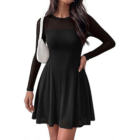 BTFBM Women’s Lightweight Lined Sheer Mesh Long Sleeve A-Line Stretch Mini Dress (8 Colors,…