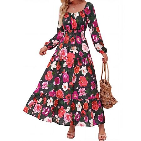 BTFBM Women's Square Neck Long Sleeve Floral Maxi Dress